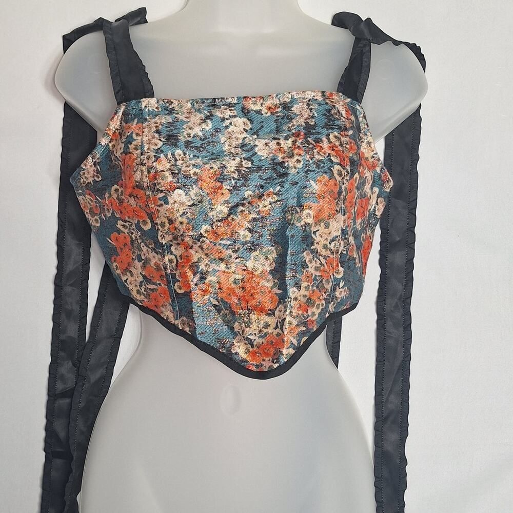 Cider Bustier Crop Top Floral Ribbon Straps Lace Up Medium Womens